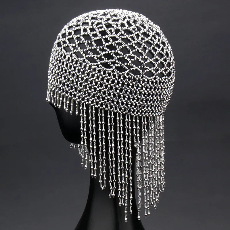 Handmade beaded alloy belly dance hat hair ornament with tassel in silver or black.