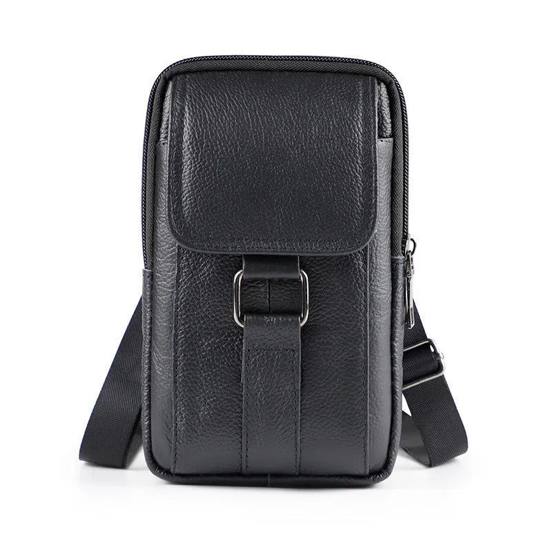 Men's genuine leather multi-functional crossbody waist bag in vertical square shape with lock fastening