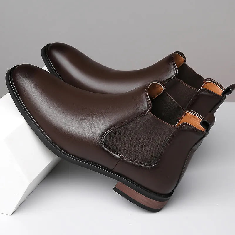 Men's Chelsea boots in black and light brown with pointed toe and mid-calf height