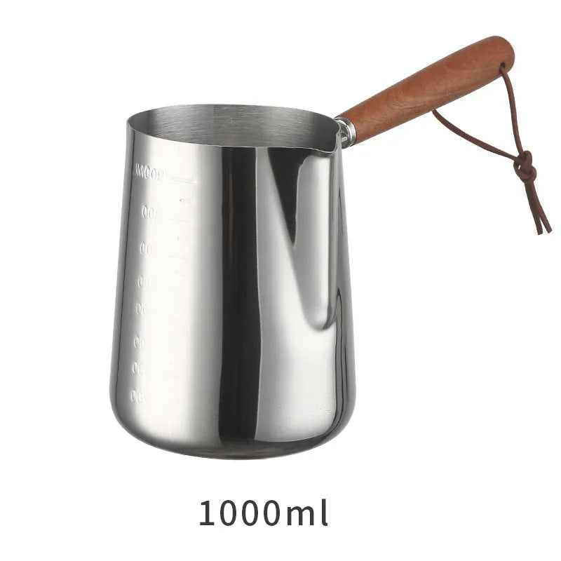 Stainless steel coffee cup with wooden handle and interior measuring scale