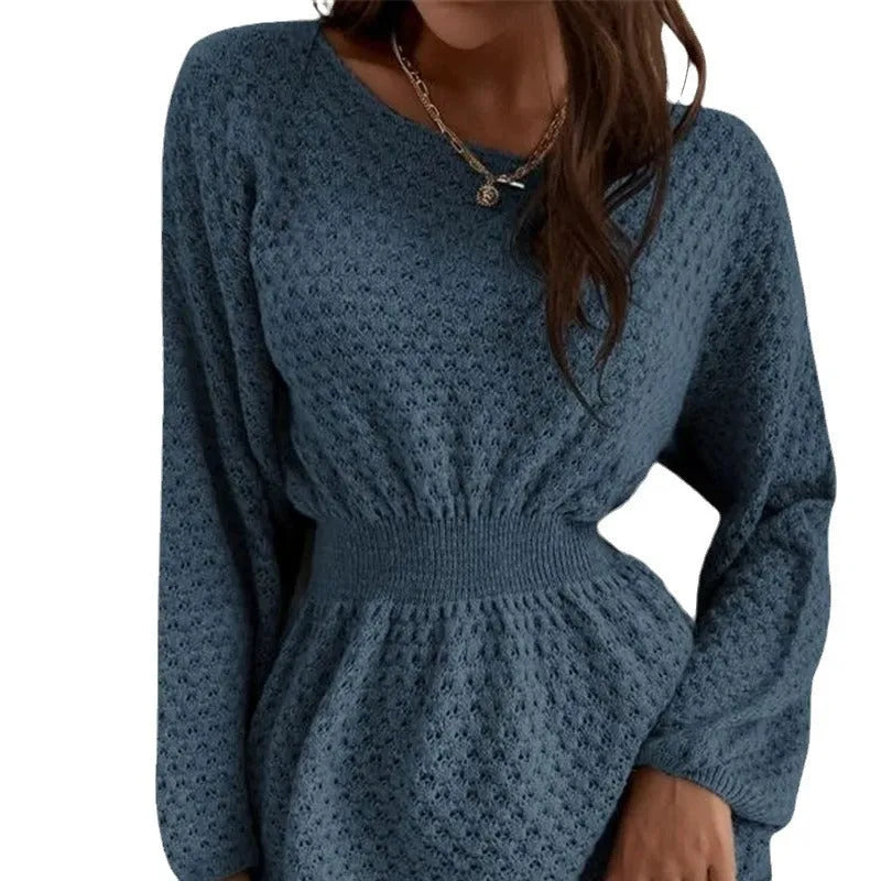 Blue women's knitted dress with hand-crocheted flower decorations and fitted waist