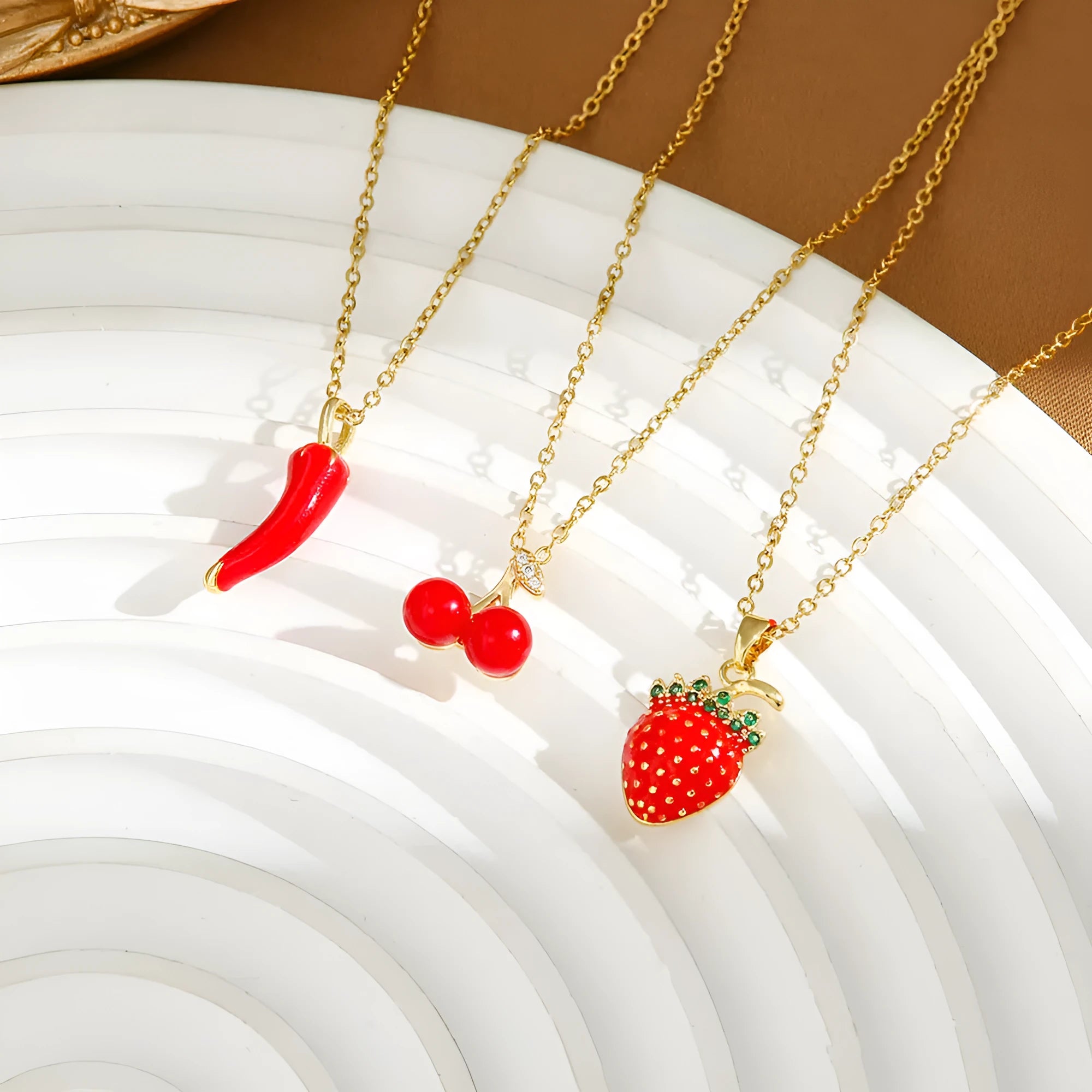 Women's titanium steel necklace with O-ring chain and indie style strawberry, cherry and pepper pendant charms