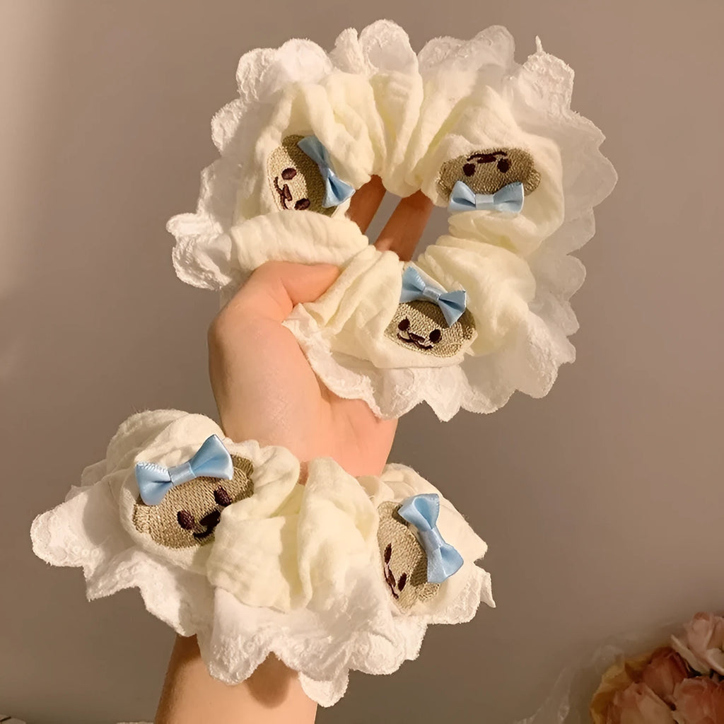 Bear blue bow and lace elastic cloth hair ring headband