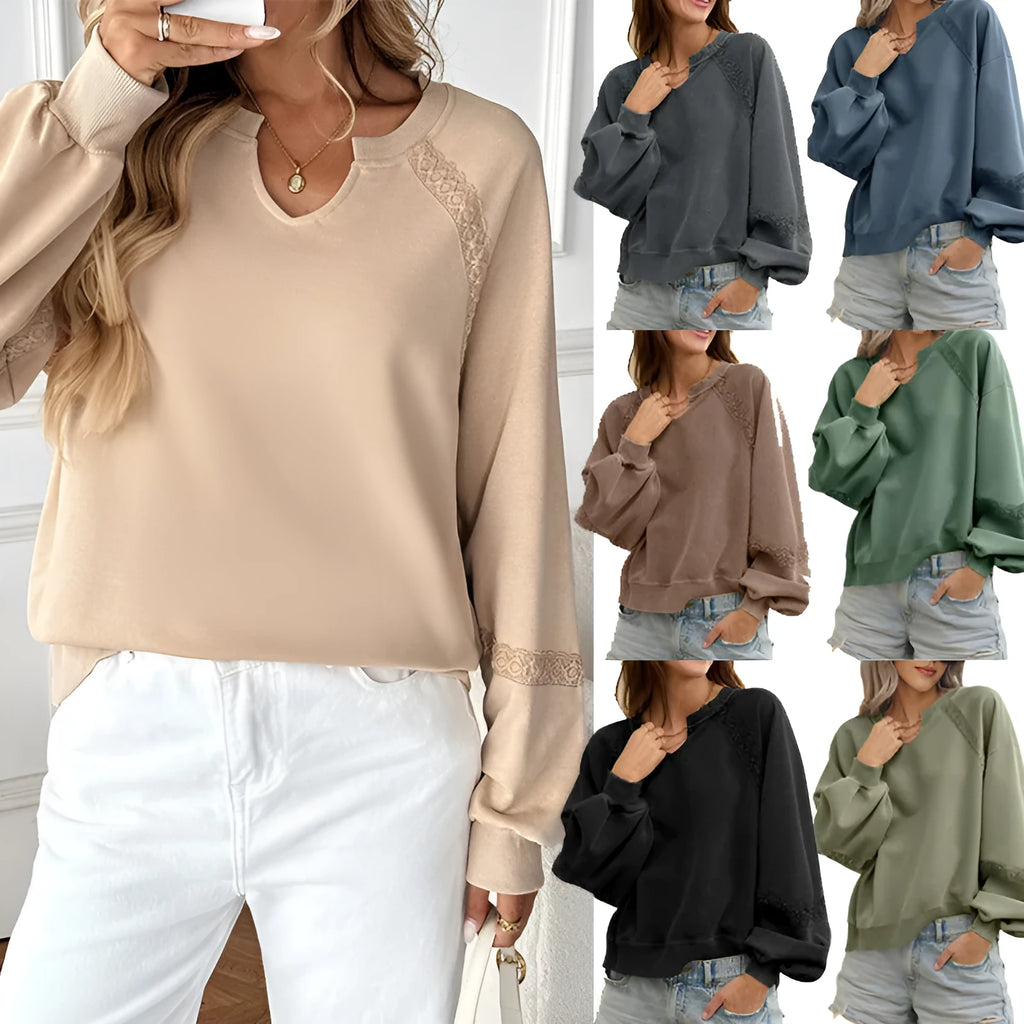 Women's long sleeve cotton polyester sweater with lace detail on half-open collar