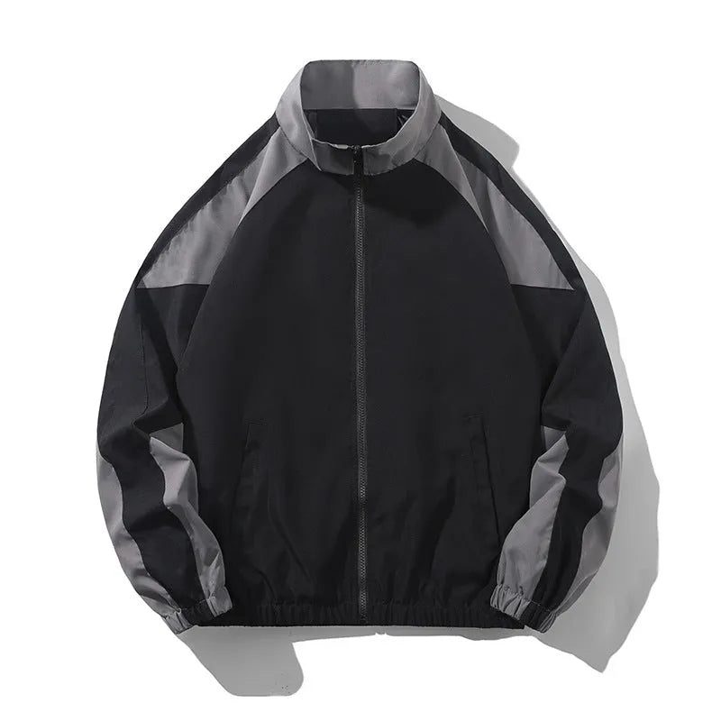 Men's black polyester jacket with contrast stitching and side seam pockets on a model