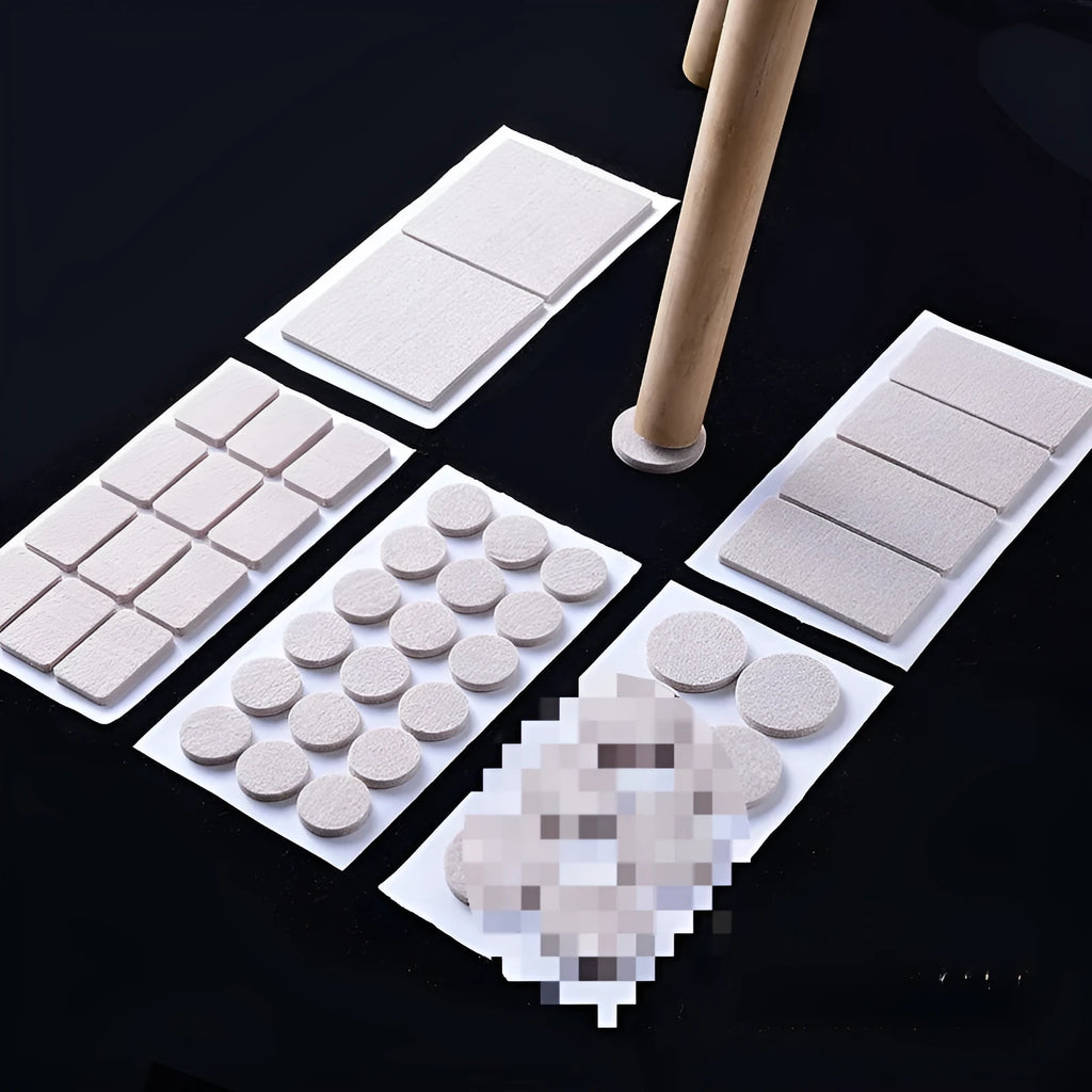 Beige plastic furniture protection pads in round and square shapes with multiple size options