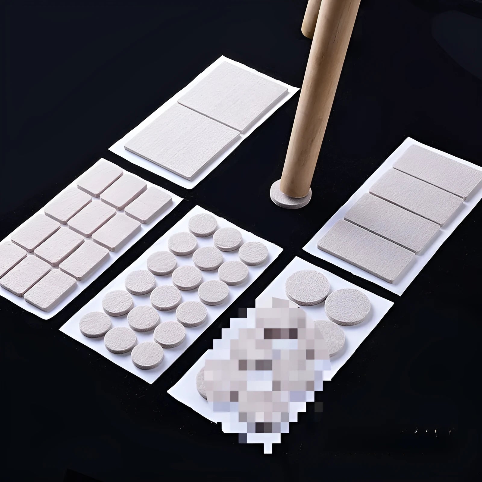 Beige plastic furniture protection pads in round and square shapes with multiple size options