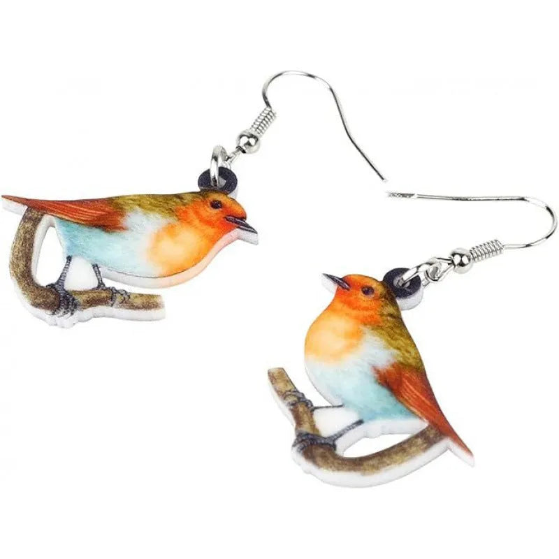 A pair of blue titmouse and snake design acrylic pendant earrings with geometric shape.