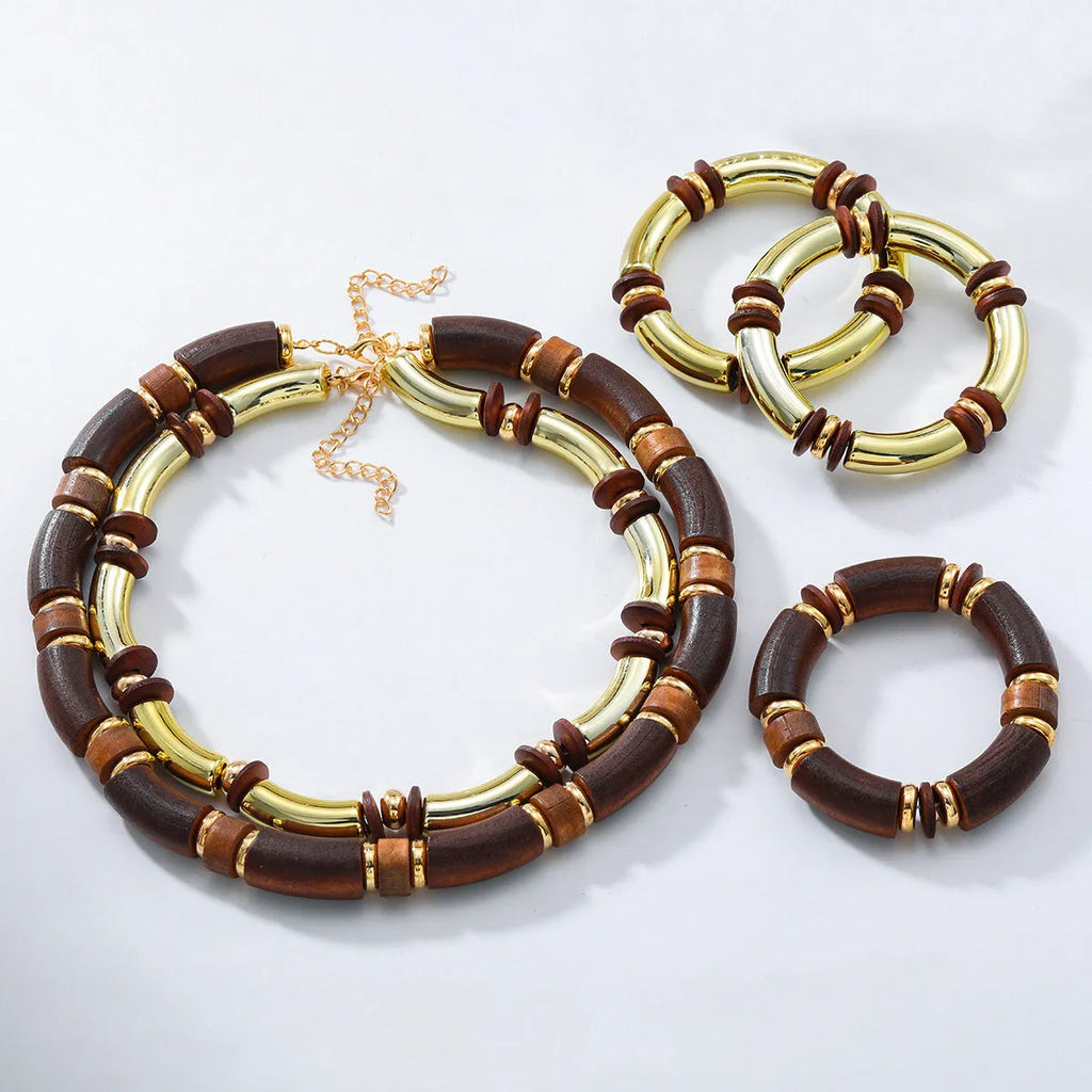 Women's multi-layer wooden necklace and bracelet set with alloy construction