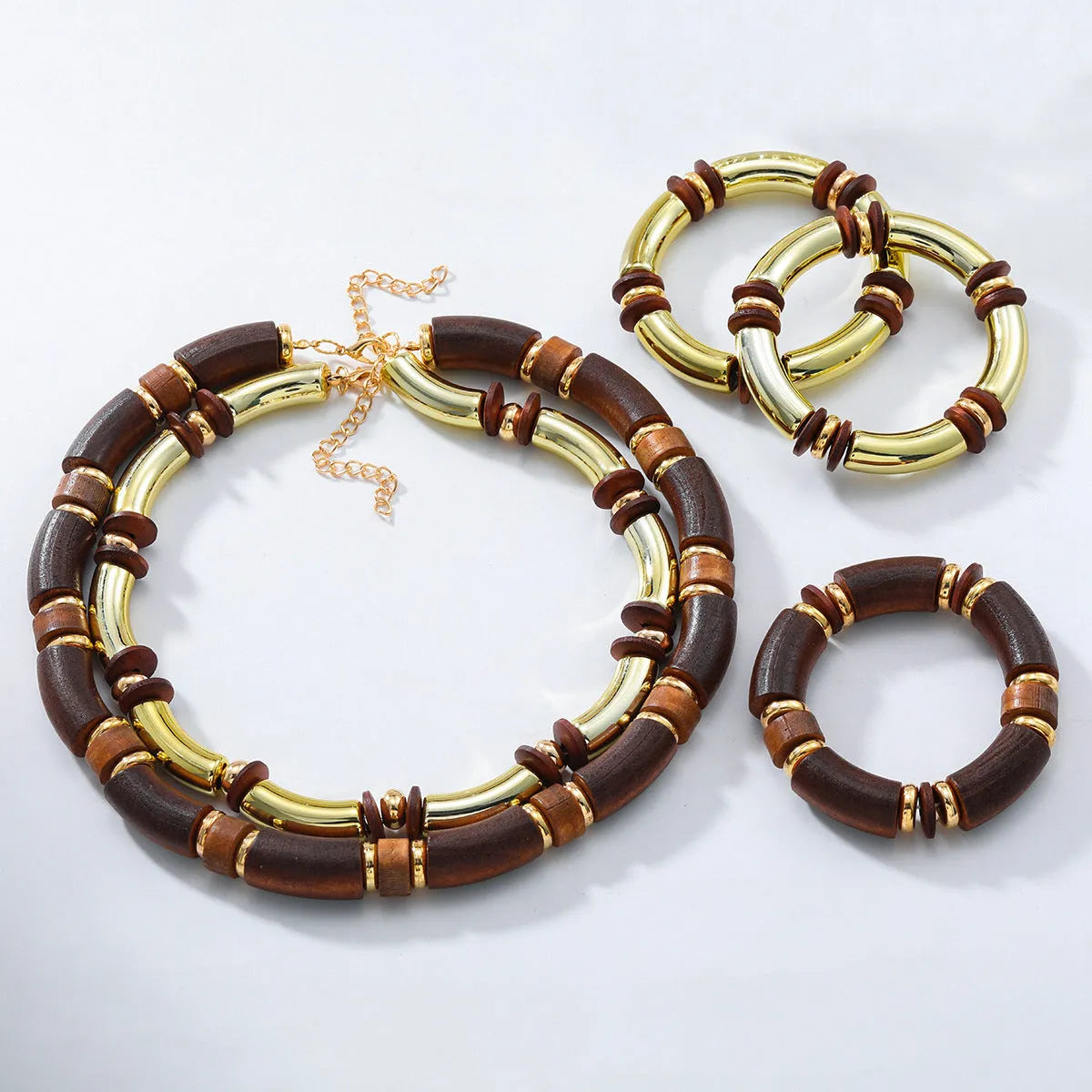 Women's multi-layer wooden necklace and bracelet set with alloy construction