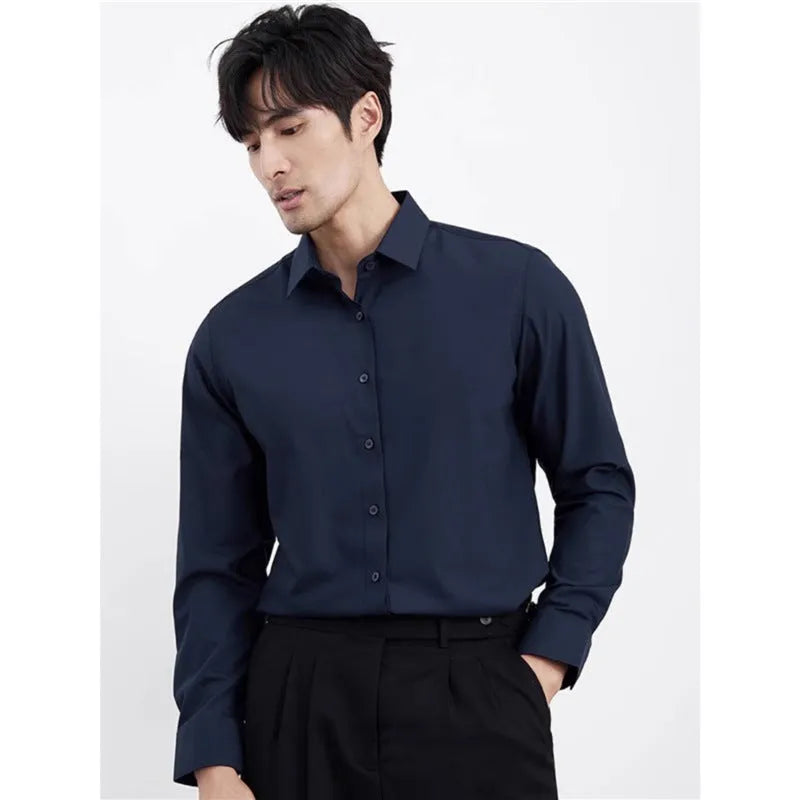 Men's wine red slim fit long sleeve casual shirt on a hanger