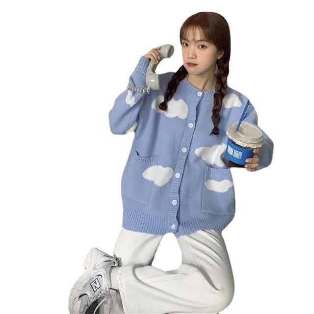 Blue cloud pattern women's cardigan sweater with loose fit and long sleeves