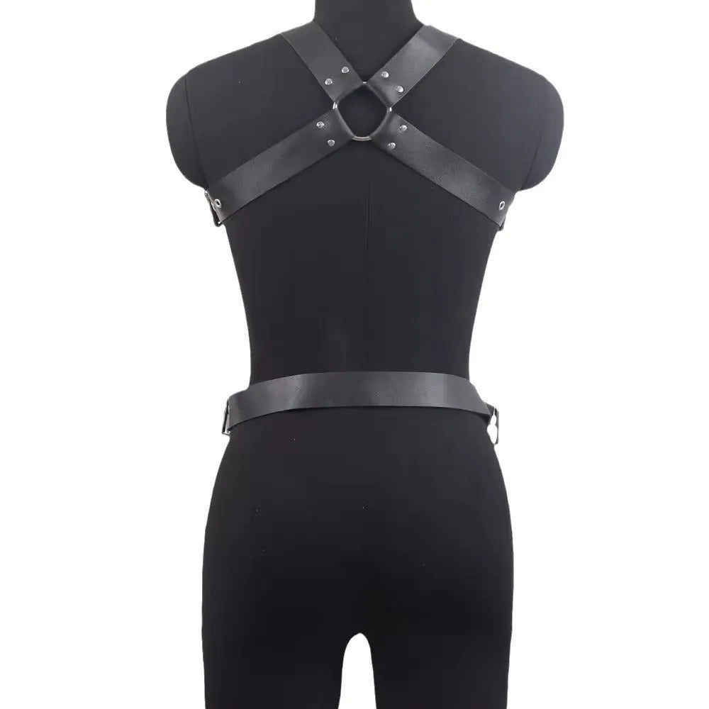 Black thin-strap imitation leather body harness waist belt with a pin buckle fastening.
