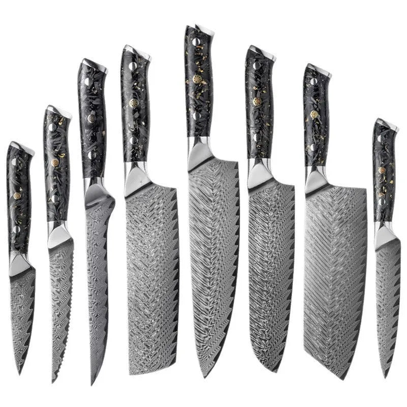 Damascus steel 8-piece kitchen knife set showing fishbone pattern on blades