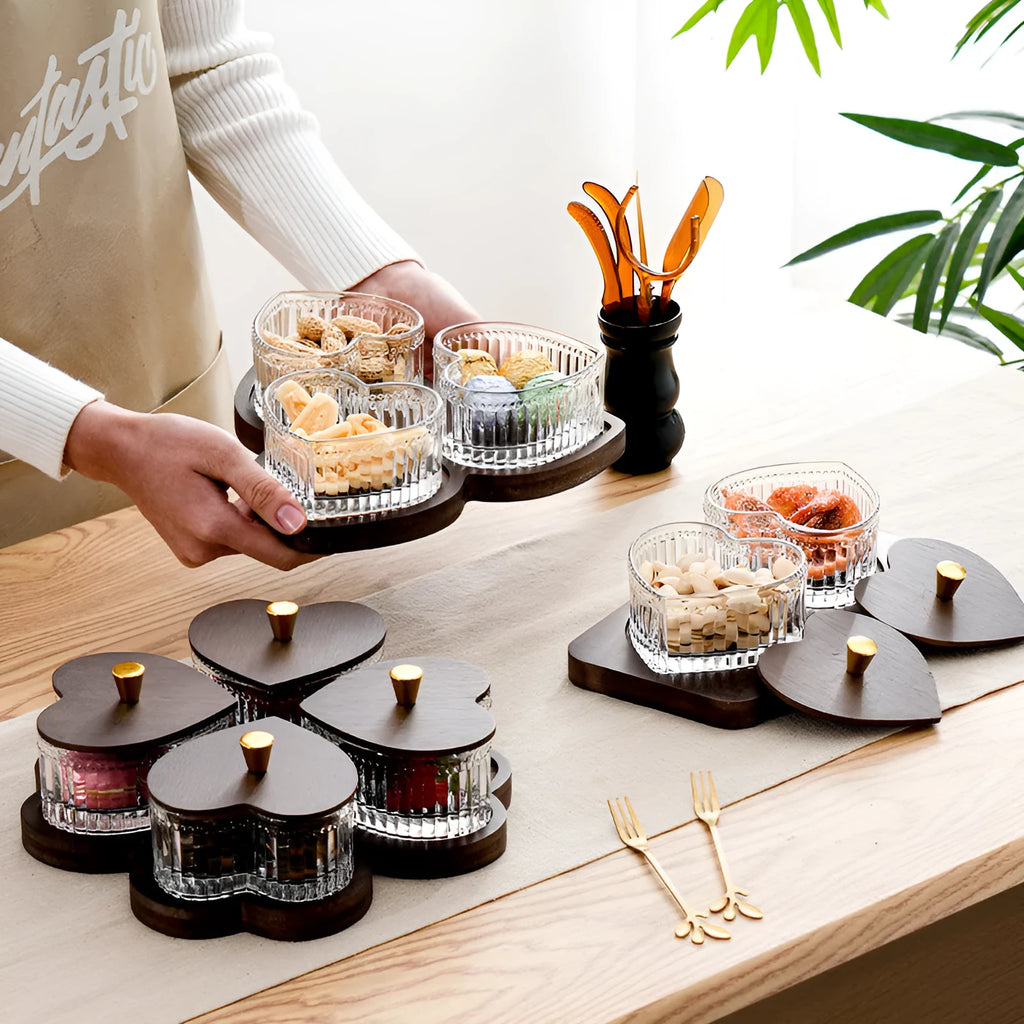 Glass fruit platter set with transparent heart-shaped lid in mild luxury retro style