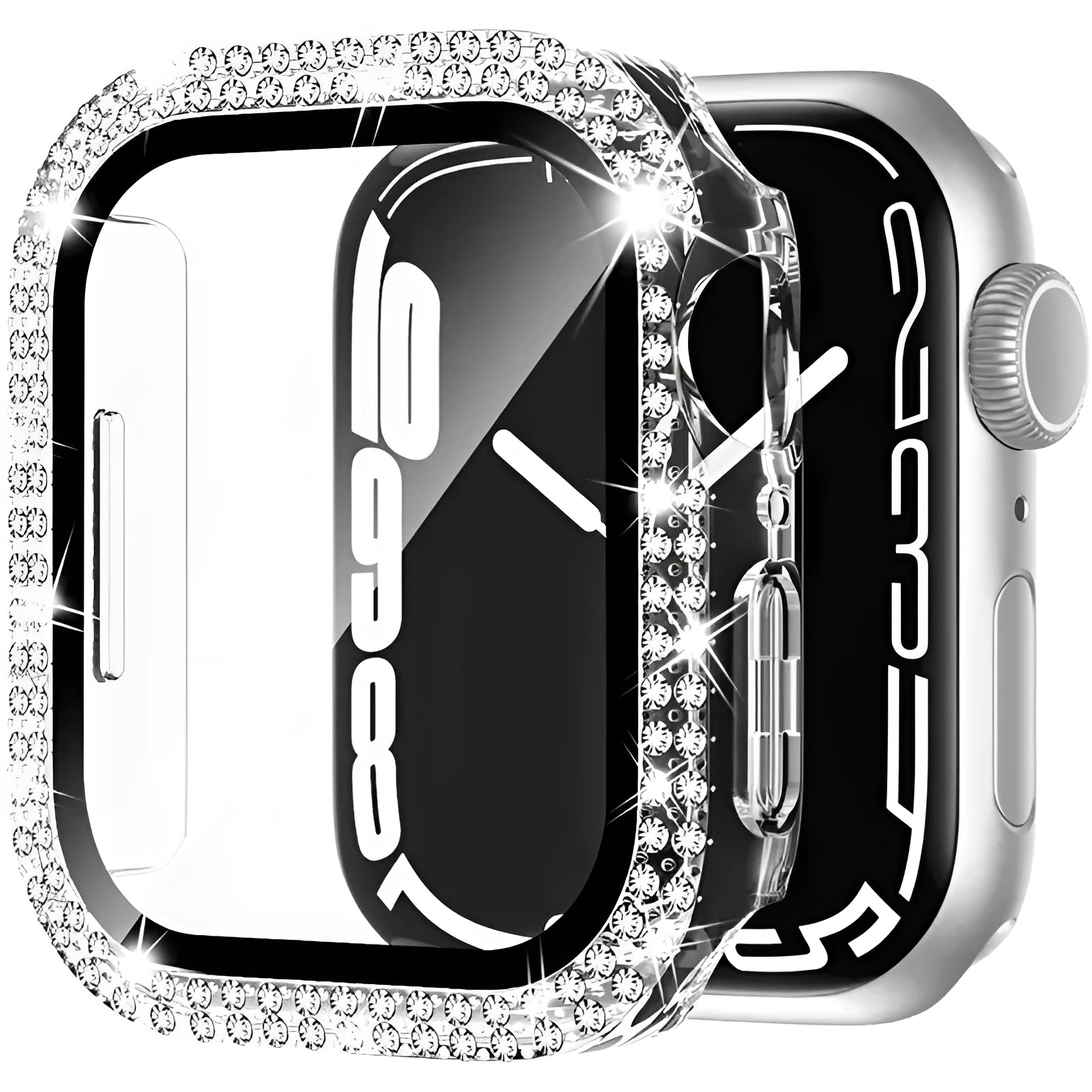 Double diamond glass Apple Watch case in rose pink, showing screen protection for a smartwatch.