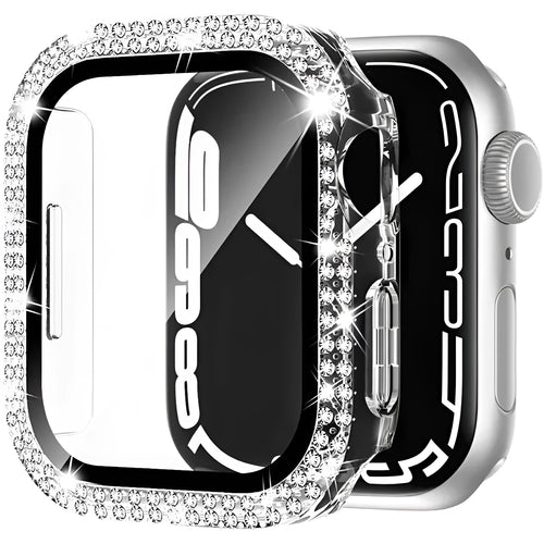 Double diamond glass Apple Watch case in rose pink, showing screen protection for a smartwatch.