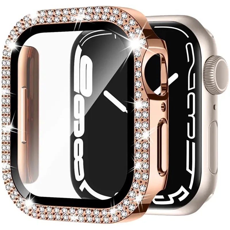 Double diamond glass Apple Watch case in rose pink, showing screen protection for a smartwatch.