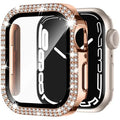 Double diamond glass Apple Watch case in rose pink, showing screen protection for a smartwatch.