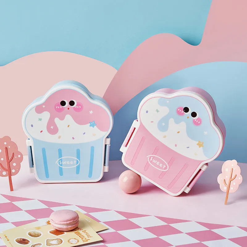 Creative ice cream shaped plastic lunch box with spoon and fork set in blue or pink colours