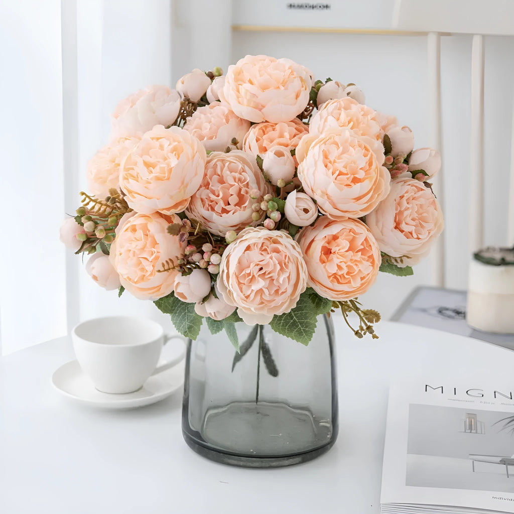Silk artificial peony bouquet arrangement in champagne colour for home or wedding decor.