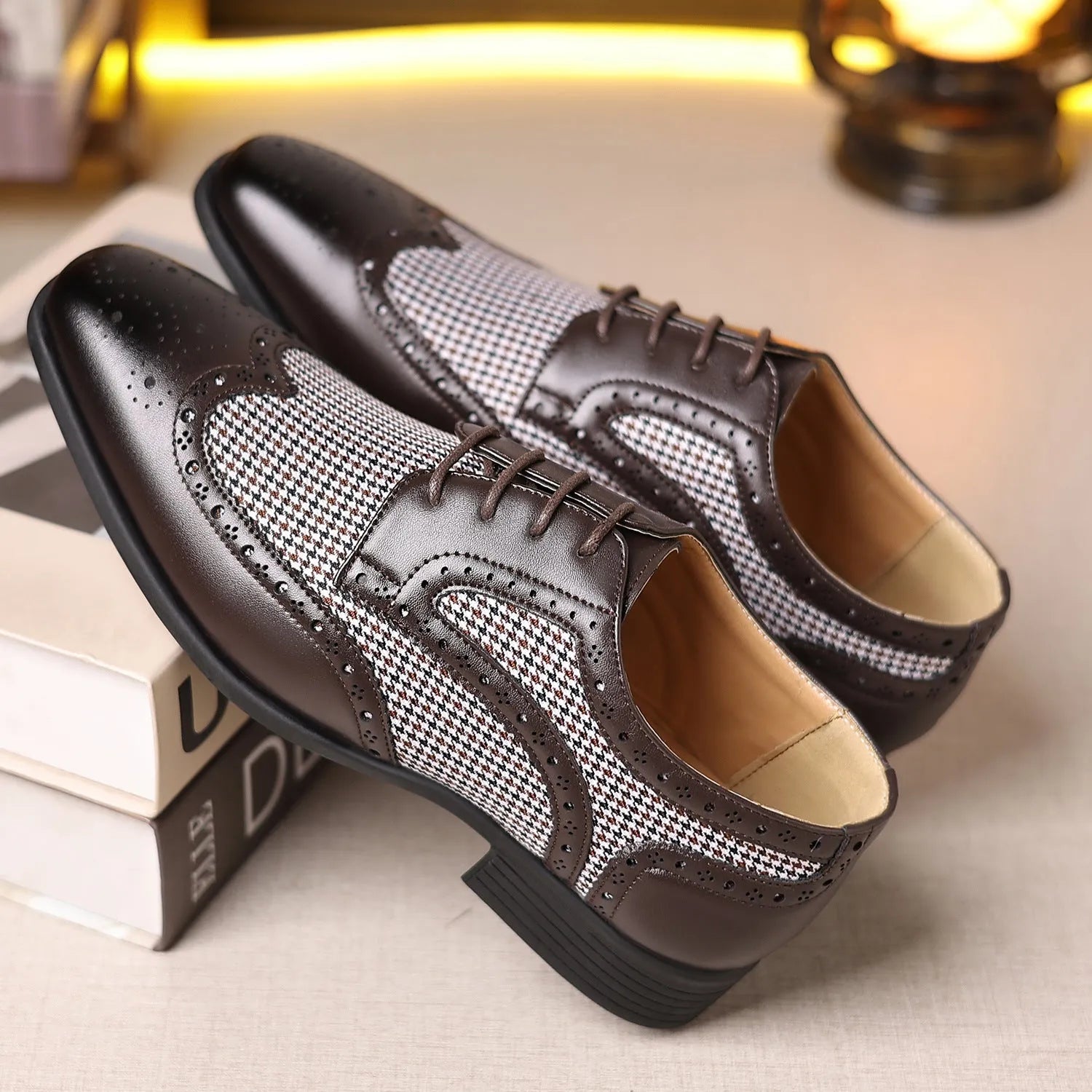 Man's imitation houndstooth plaid casual shoe in black with square toe and lace-up front.