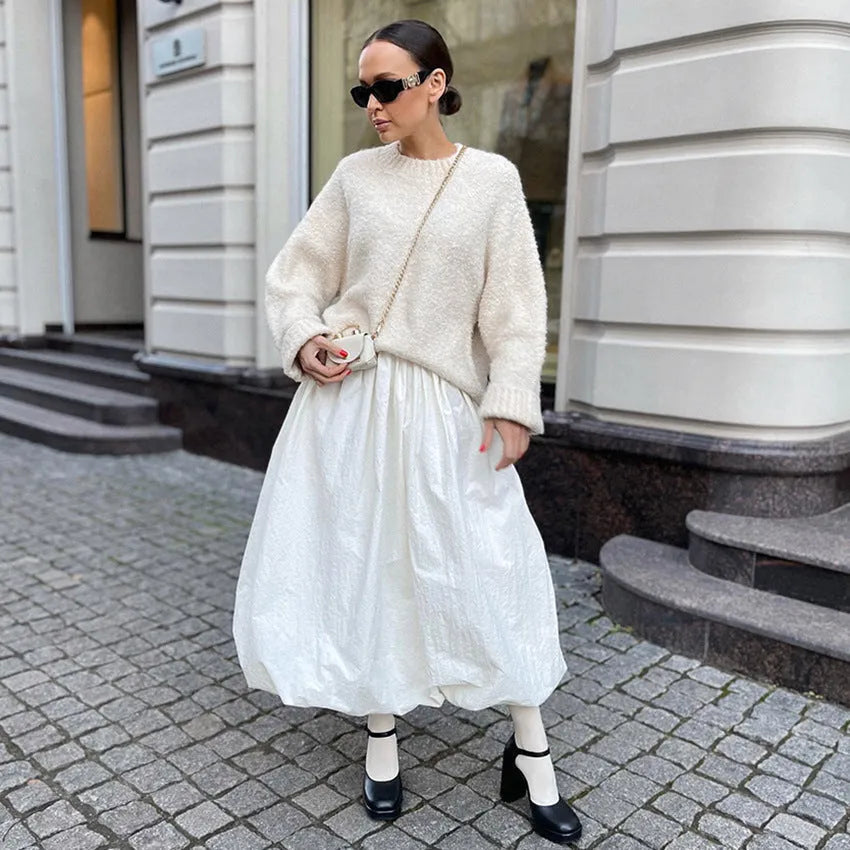 Women's cotton long skirt in solid black or white colour with office-appropriate styling
