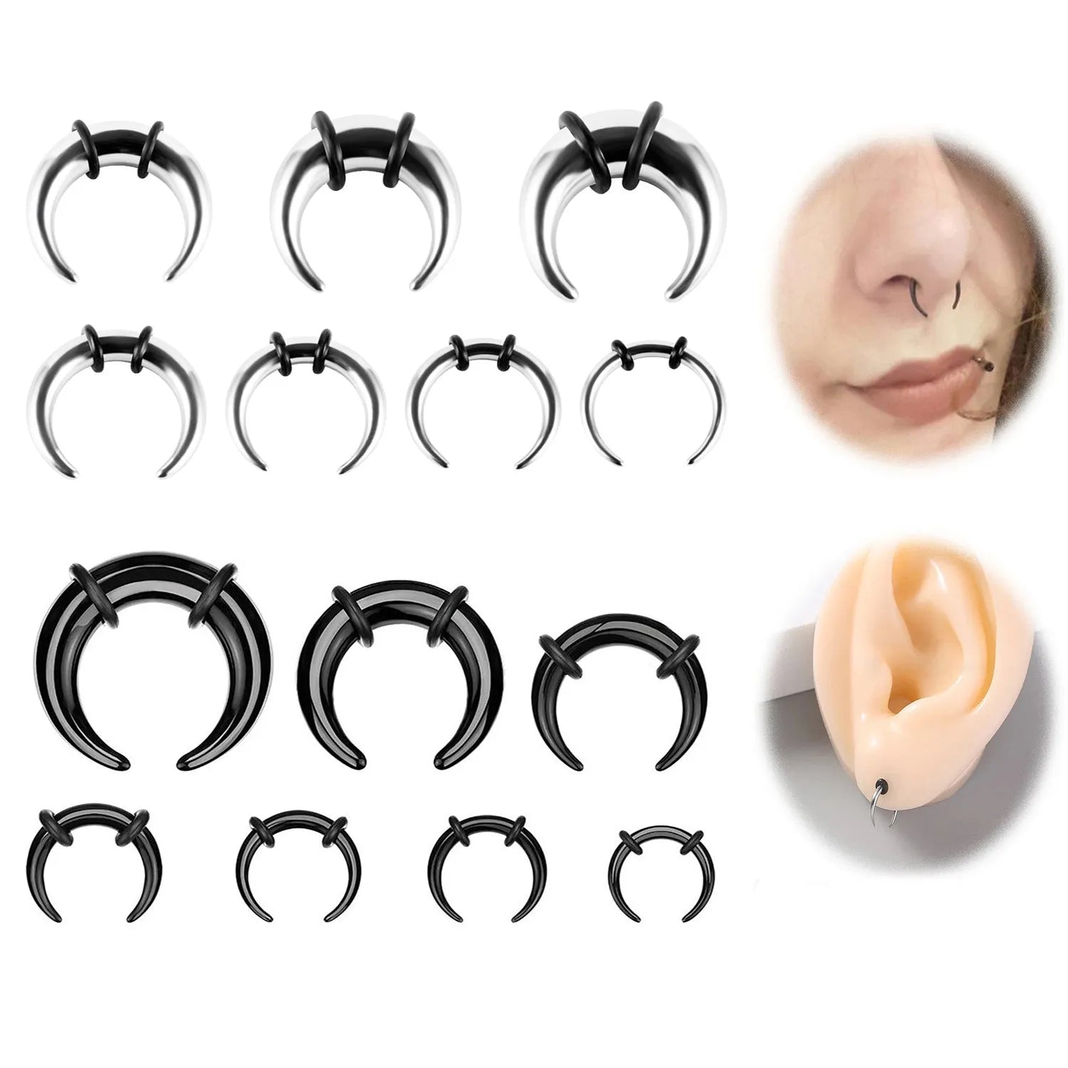 316 stainless steel C-shaped nose ring with buffalo horn detail in black and steel colour, showing size options.