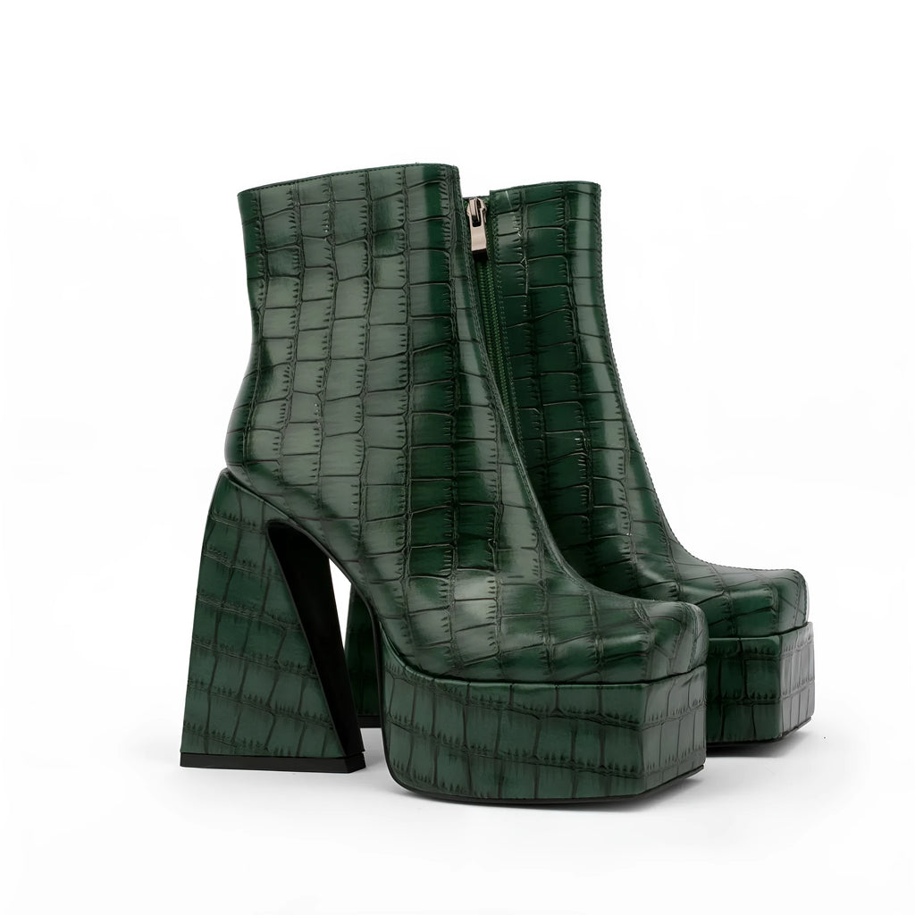 Women's ankle boots with a high heel in artificial PU leather, shown in a choice of colours.