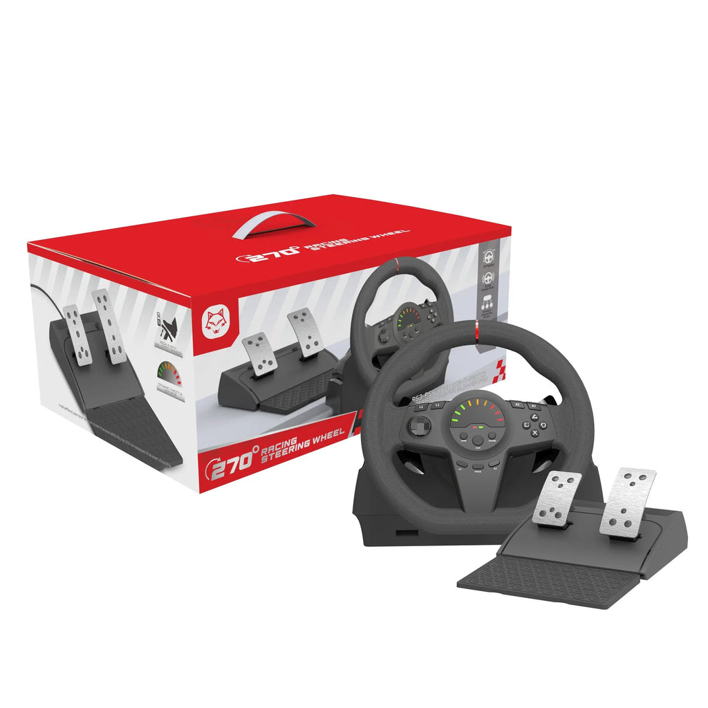 Black multi-platform gaming steering wheel with two pedals and paddle shifters
