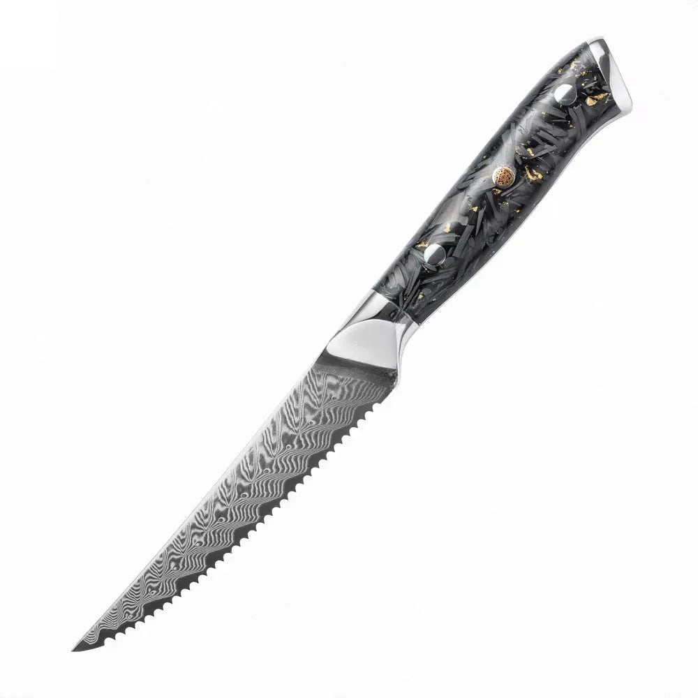 Damascus steel 8-piece kitchen knife set showing fishbone pattern on blades