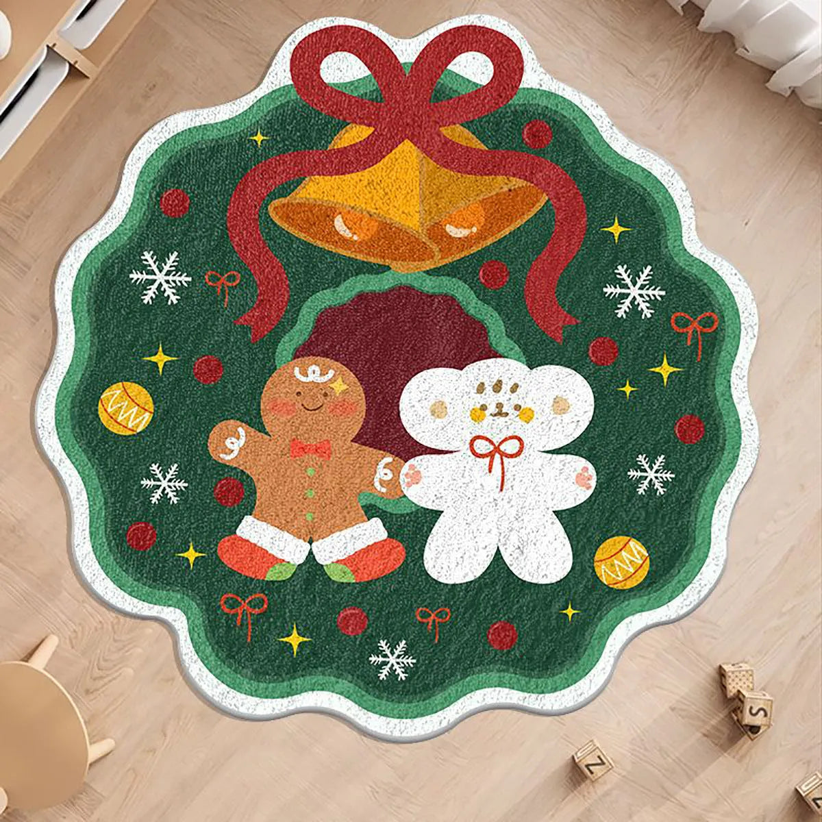 Round Christmas carpet with imitation cashmere material showing festive holiday patterns