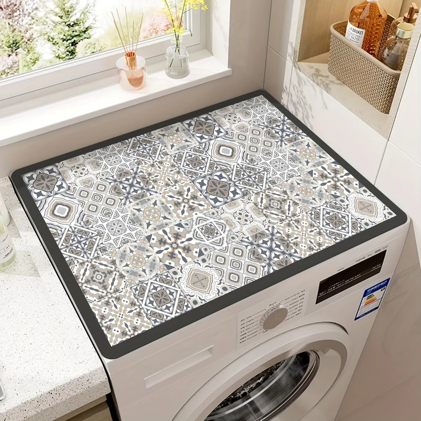 Dustproof absorbent washing machine mat with abstract print in front of a washing machine
