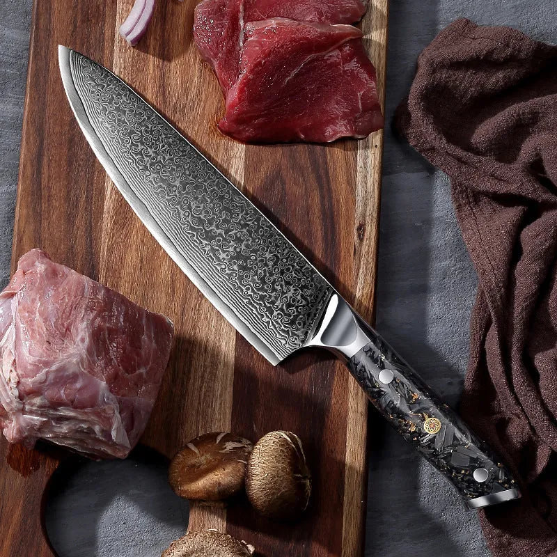 Damascus steel 8-piece kitchen knife set showing fishbone pattern on blades