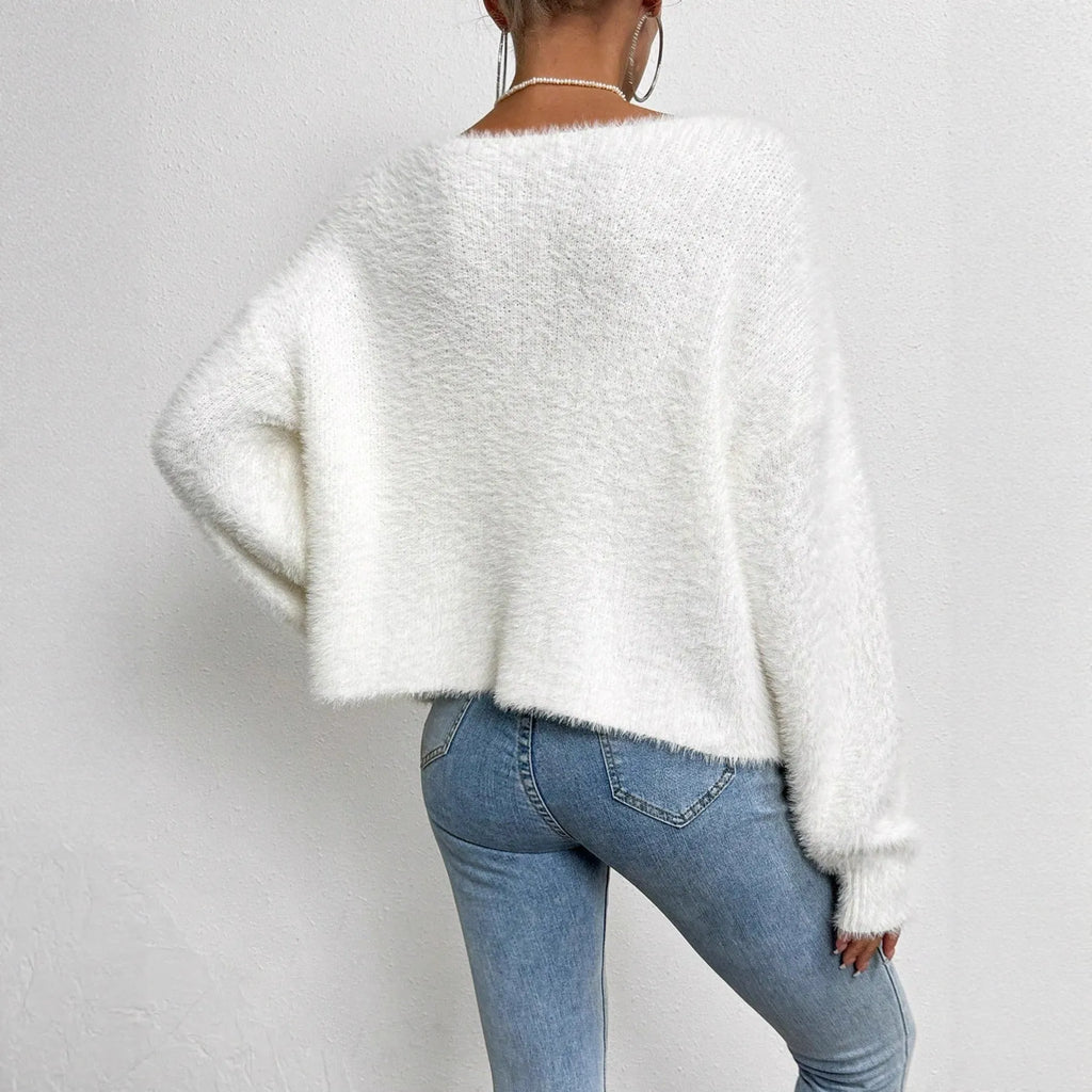 White women's cardigan with V-neck and beaded knit detail