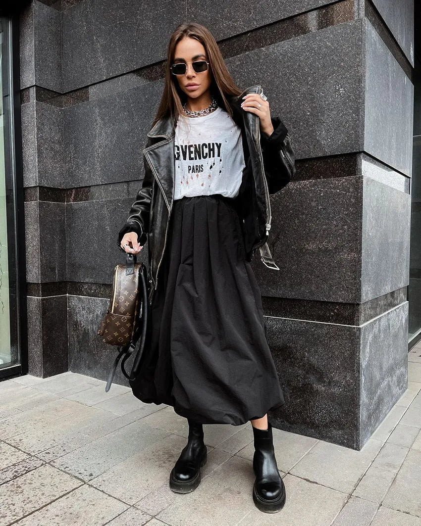 Women's cotton long skirt in solid black or white colour with office-appropriate styling
