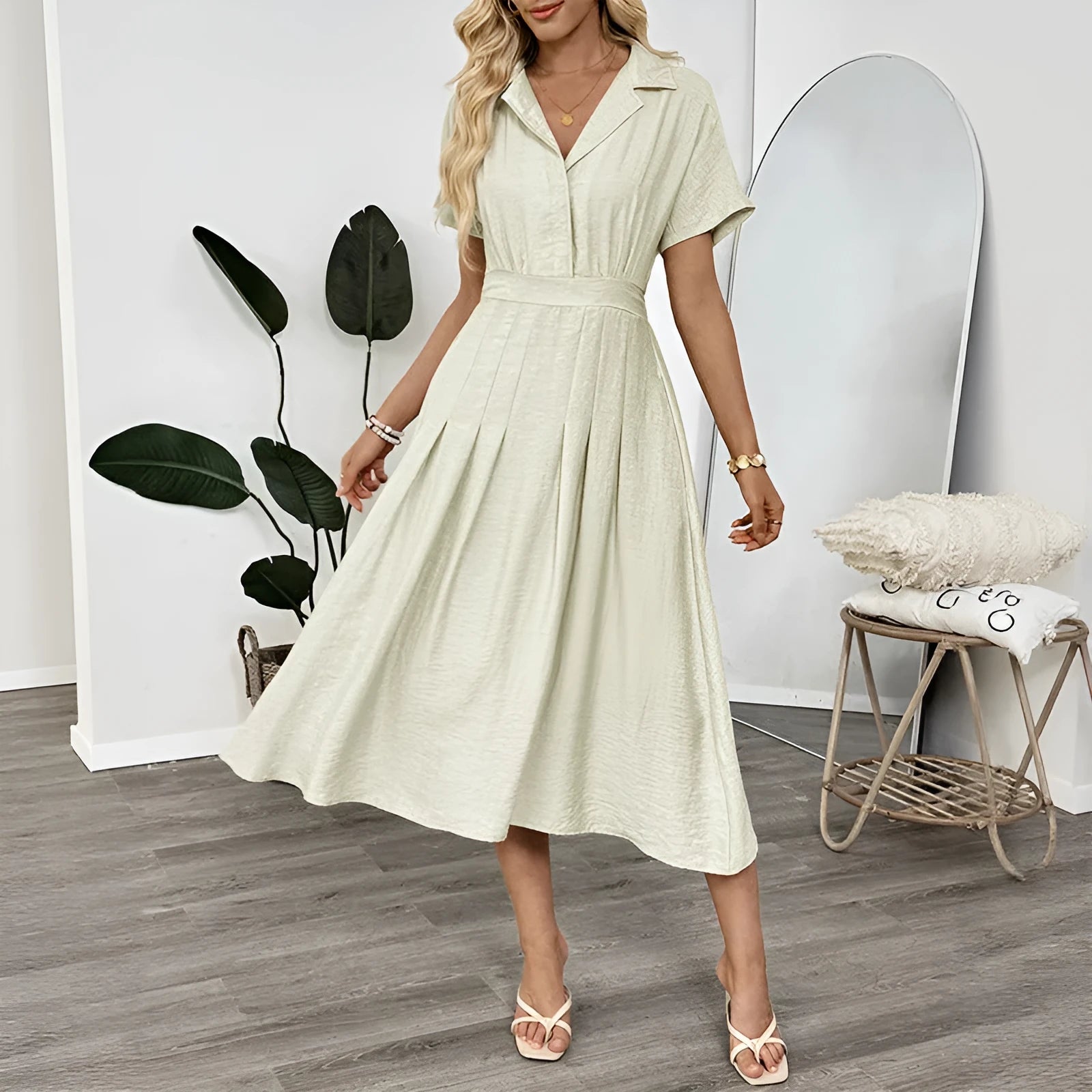 Light green women's twill shirt dress with lapel collar, adjustable waist belt, and splicing detail