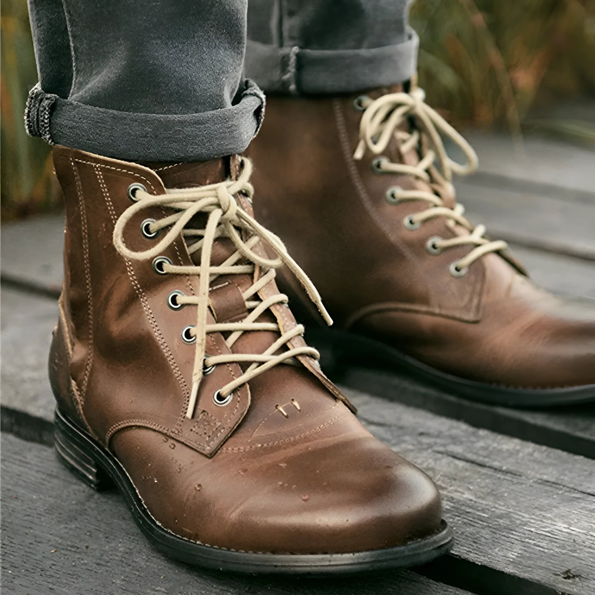 Men's black and brown two-tone leather ankle boots with a side zipper fastener.