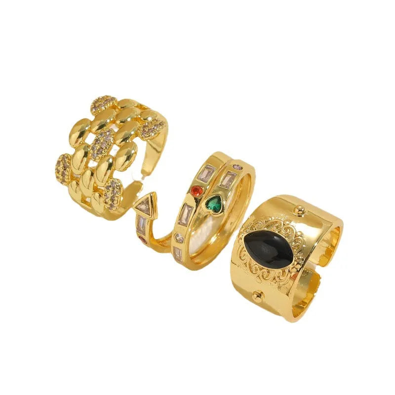 Geometric horse eye black copper ring with vintage zircon stone, Chinese style women's jewellery.