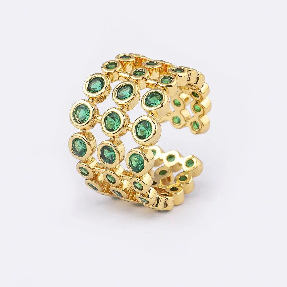 Wide copper ring with 18K gold plating and green zircon stones, unisex jewellery