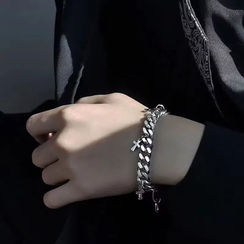 Men's titanium steel cross bracelet with geometric design and cold wind style