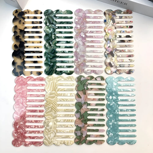 Acetate board geometric wave hairdressing comb for women in pink colour, showing wave shape and lightweight construction