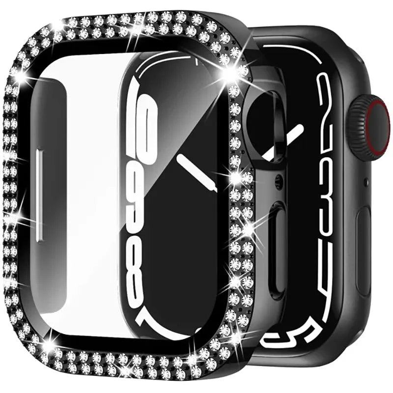 Double diamond glass Apple Watch case in rose pink, showing screen protection for a smartwatch.