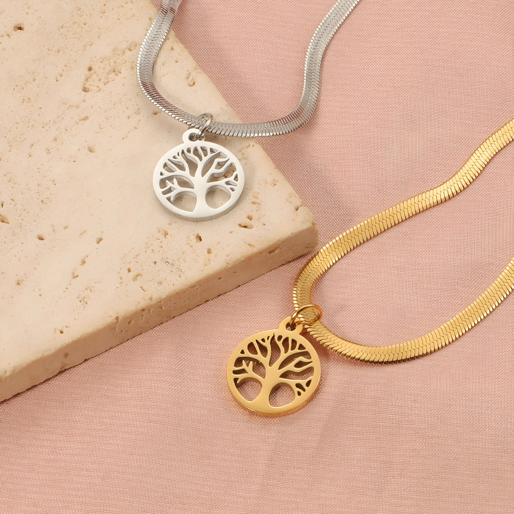 Stainless steel necklace with a U-shaped titanium steel tree pendant on a snake bones chain.