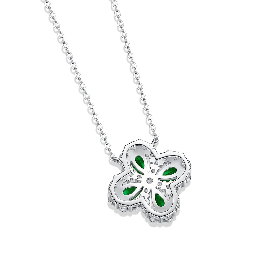 925 silver flower pendant necklace with emerald colour cubic zirconia ball bead chain