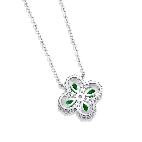 925 silver flower pendant necklace with emerald colour cubic zirconia ball bead chain