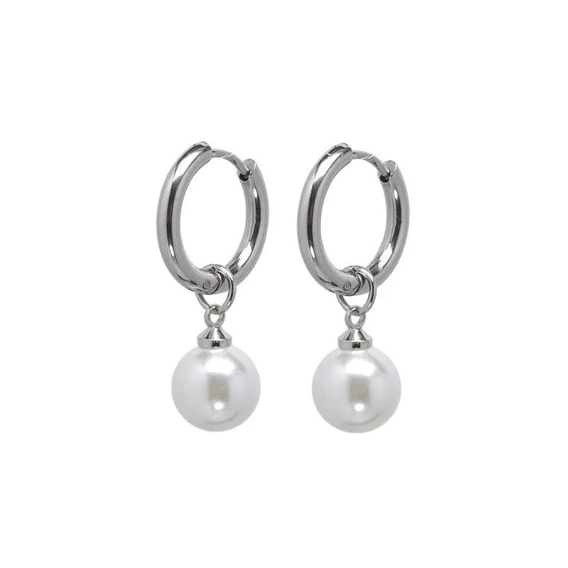 Alloy pearl earrings with geometric round drop design and titanium steel construction
