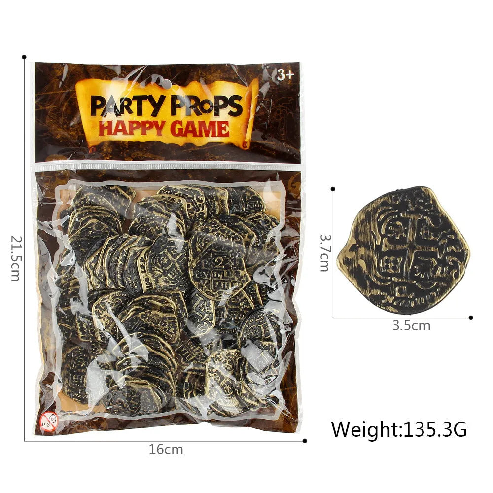 Set of 100 electroplated Roman coin replicas in gold, silver, or bronze finishes for pirate treasure displays