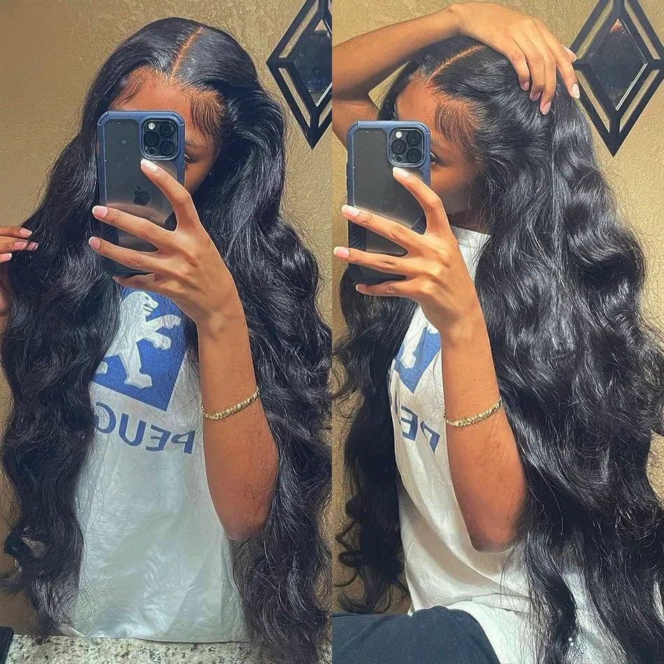 Black synthetic long curly wig with front lace and side swept bangs on a mannequin head.