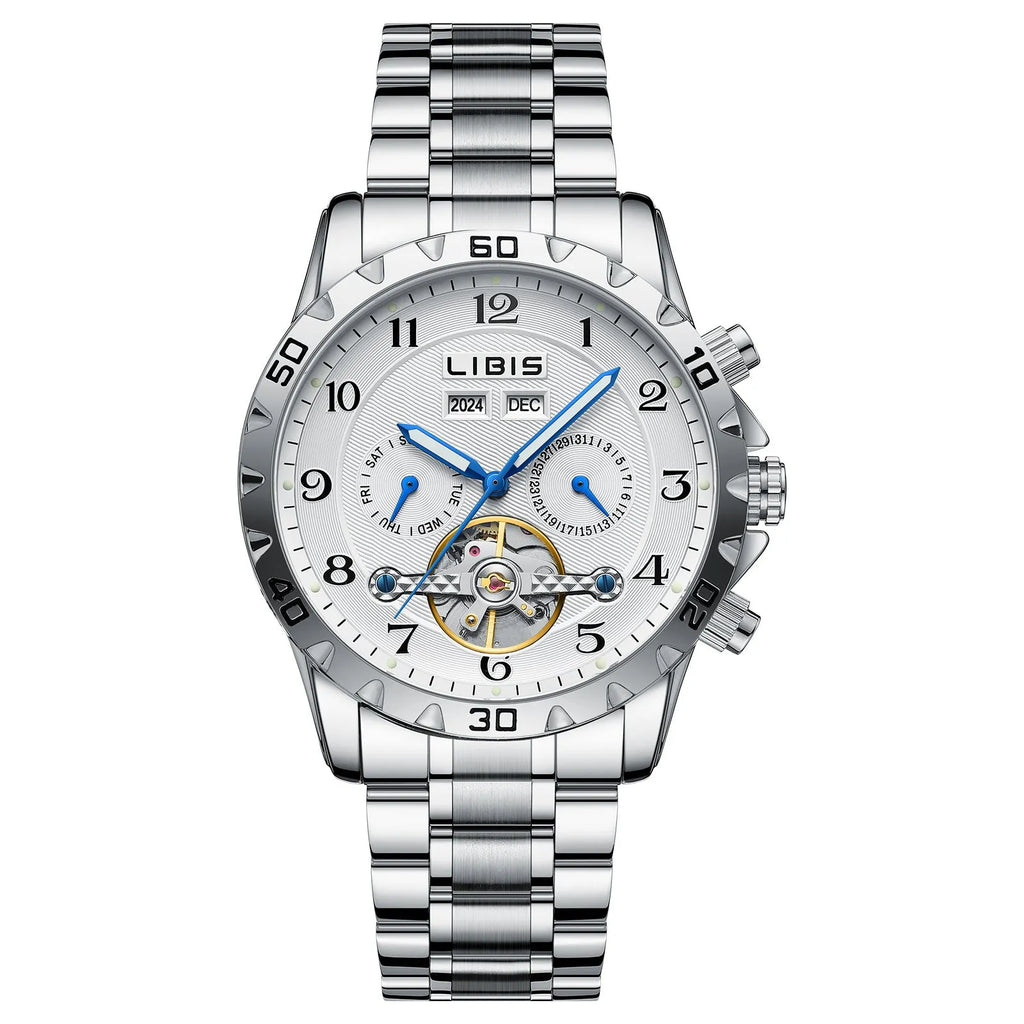 Silver stainless steel automatic perpetual calendar mechanical watch with sapphire crystal glass